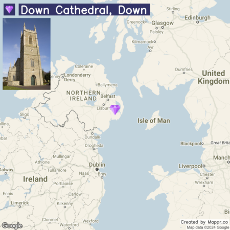 A map showing the location of Down Cathedral in Down, Northern Ireland, with a smaller inset photo of the cathedral's exterior on a clear day.