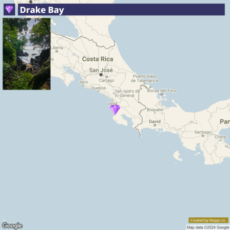 Alt text: Split image with an inset photo in the upper left corner showing a rocky coastline with foliage, looking out to the sea, labeled "Drake Bay." The main part of the image is a map highlighting the southwest region of Costa Rica and part of Panama, with "Drake Bay" labeled and marked with a purple pin. Cities such as San José and Bocas del Toro are visible on the map. There is a Google and Mapprr.co attribution at the bottom.