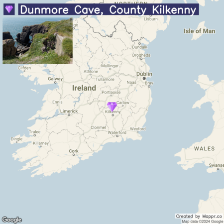 A map highlighting the location of Dunmore Cave in County Kilkenny, Ireland, with a small inset image in the upper left corner showing a rugged coastal landscape. The map is labeled with various cities and geographic landmarks across Ireland.