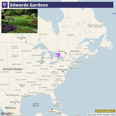 A map showing the North American region with a focus on the northeastern United States and southeastern Canada, highlighting Edwards Gardens in Toronto with a marker. A thumbnail image in the top left corner shows a garden scene with benches and colorful flowers. The bottom right corner contains the Google and INEGI logo, and the map is overlaid with a label "Edwards Gardens" in the top left corner with a purple location pin icon.