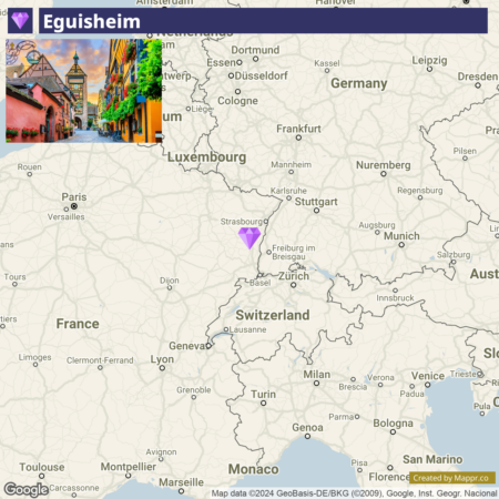 A map showing the location of Eguisheim in Eastern France, near the border with Germany and Switzerland, with a superimposed image of a picturesque street in Eguisheim on the top left corner.