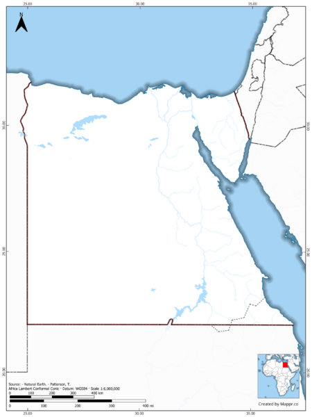 Blank map of Egypt showing borders and no labels, in color.