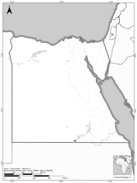 Blank black and white map of Egypt with borders and no labels.