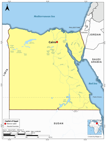 Map highlighting Cairo, the capital of Egypt, with country borders, in color.