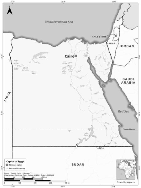 Black and white map highlighting Cairo, the capital of Egypt.
