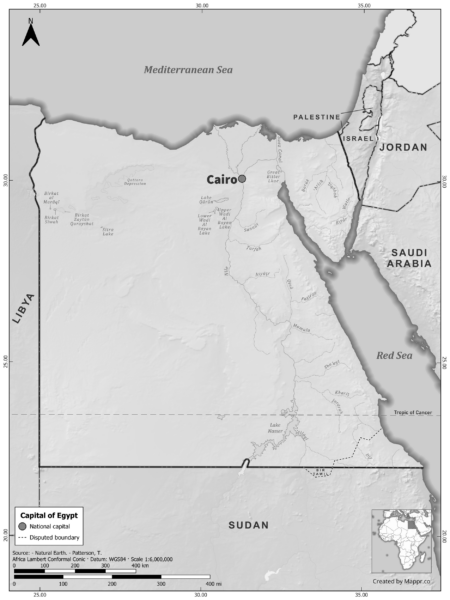 Black and white map of Egypt highlighting Cairo as the capital, with neighboring countries.