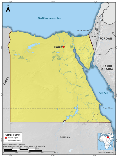 Map highlighting Cairo, the capital of Egypt, with surrounding countries and geographical features, in color.
