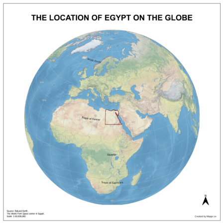 Map showing Egypt's location on a globe, highlighted in red on the African continent.
