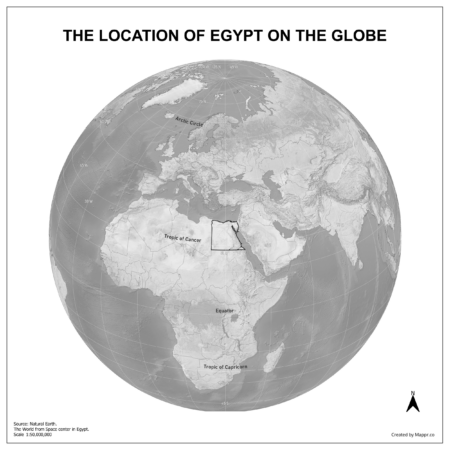 Map showing Egypt's location on a globe, highlighted in red on the African continent.