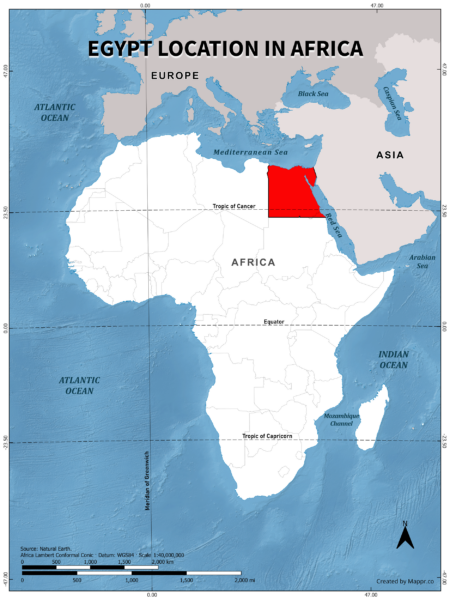 Egypt location on world map, color version.
