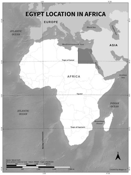 Egypt location on world map, black and white version.