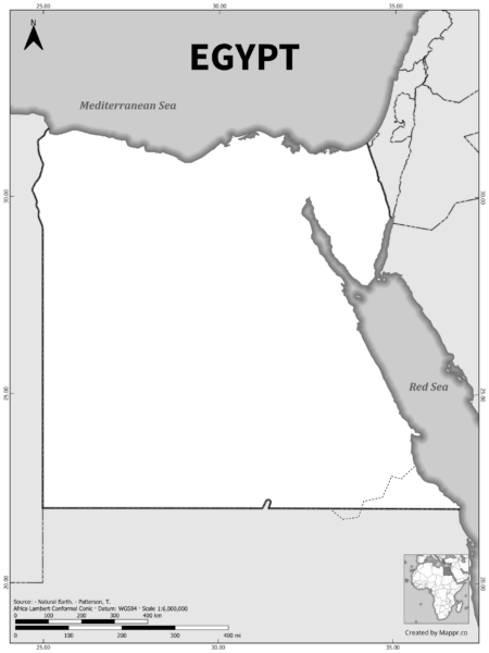 Black and white outline map of Egypt, showing the country's borders.
