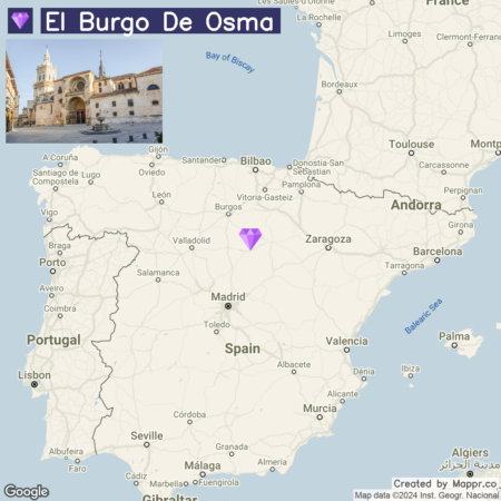 A map showing the location of El Burgo de Osma in Spain with a pin indicating its position. In the inset, there is a photo of a historic building in El Burgo de Osma. The map includes surrounding cities and the country's geographical layout.