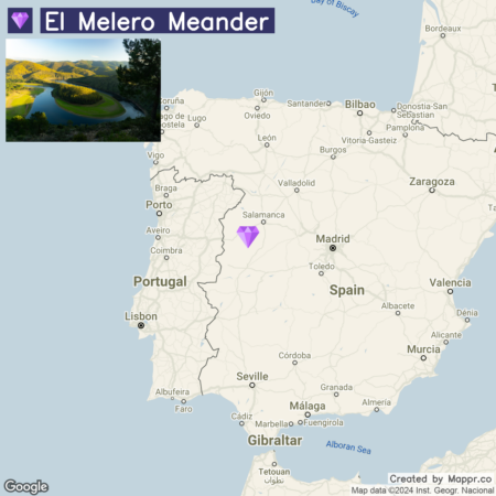 A map highlighting the location of El Melero Meander in Spain, with a small inset photo showcasing the meander's view from above, surrounded by green landscapes.