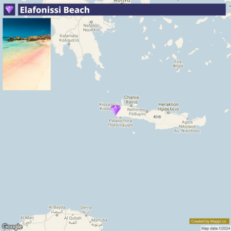 A map indicating the location of Elafonissi Beach with pins on nearby cities like Chania, Kissamos, and Paleochora, and the Mappr.co and Google logos in the lower corners.