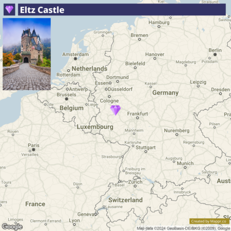 Map showing the location of Eltz Castle with a purple marker in western Germany, near the borders with Belgium and Luxembourg. A small inset image in the upper left corner displays the Eltz Castle with a cobblestone bridge leading up to it.