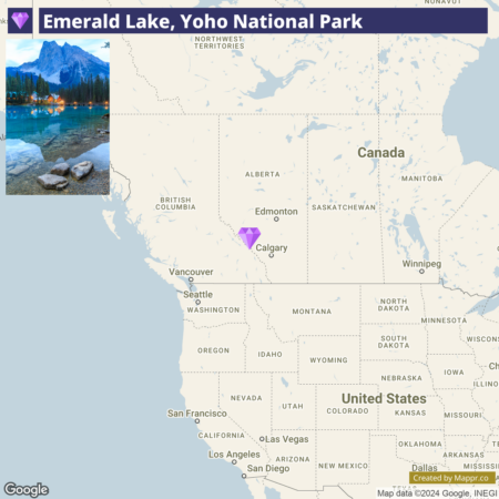 A map overlay highlighting the location of Emerald Lake in Yoho National Park, with a small photographic inset of the lake in the top left corner. The map shows the western United States and Canada, with major cities labeled, and a purple pin indicating the location of the lake near Calgary in the province of Alberta, Canada.