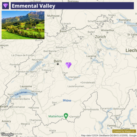 An annotated map of Switzerland highlighting the Emmental Valley with an inset photo of a green, hilly landscape with mountains in the background. Major cities like Zürich, Bern, and Lucerne are marked, as well as geographic features like Lake Geneva (Lac Léman) and the Matterhorn.