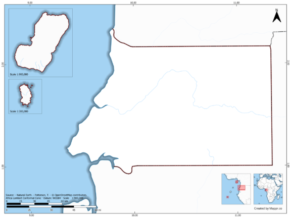 Blank map of Equatorial Guinea showing borders and no labels, in color.