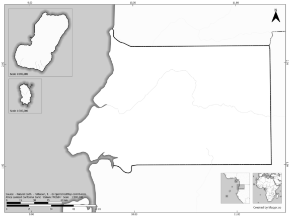 Blank black and white map of Equatorial Guinea with borders and no labels.