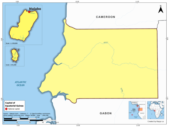 Map highlighting Malabo, the capital of Equatorial Guinea, with country borders, in color.