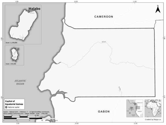 Black and white map highlighting Malabo, the capital of Equatorial Guinea.