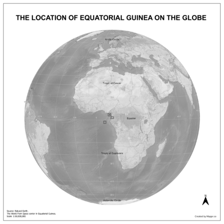 Map showing Equatorial Guinea's location on a globe, highlighted in red on the African continent.