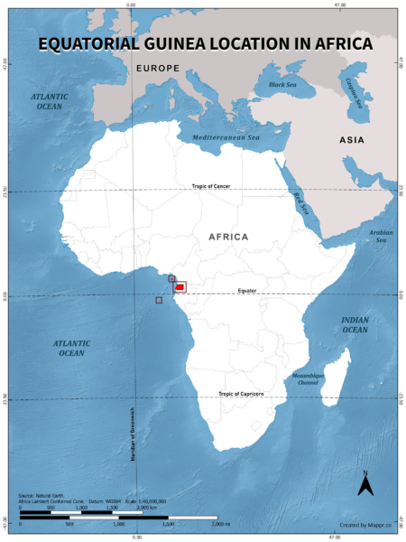 Equatorial Guinea location on world map, color version.