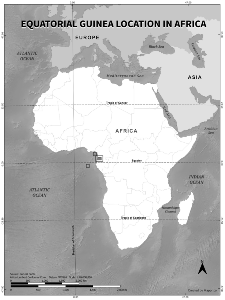 Equatorial Guinea location on world map, black and white version.