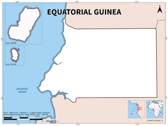 Outline map of Equatorial Guinea with country borders in color.