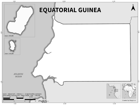 Black and white outline map of Equatorial Guinea, showing the country's borders.