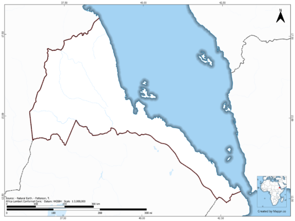 Blank map of Eritrea showing borders and no labels, in color.
