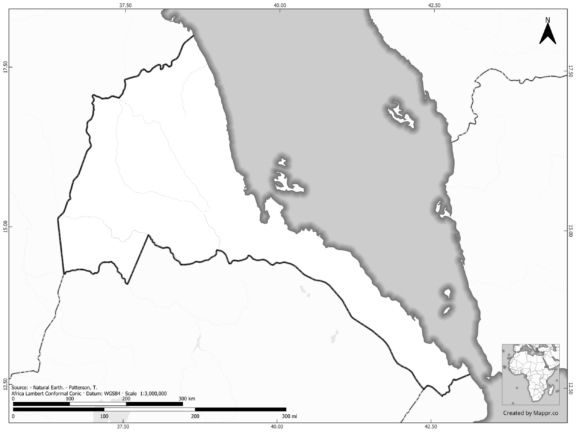 Blank black and white map of Eritrea with borders and no labels.