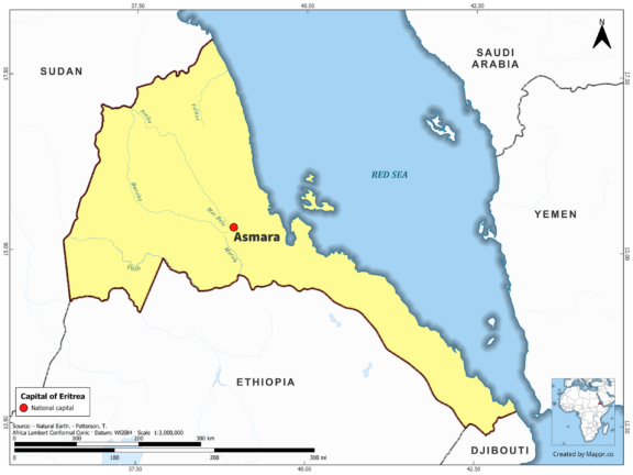 Map highlighting Asmara, the capital of Eritrea, with country borders, in color.