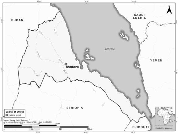 Black and white map highlighting Asmara, the capital of Eritrea.
