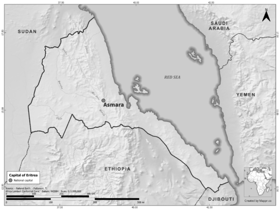 Black and white map of Eritrea highlighting Asmara as the capital, with neighboring countries.