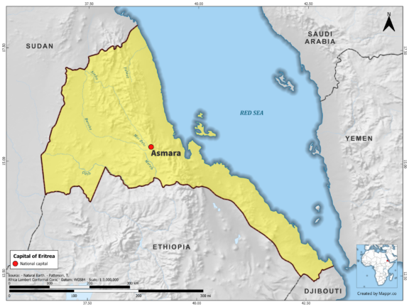 Map highlighting Asmara, the capital of Eritrea, with surrounding countries and geographical features, in color.