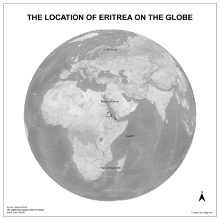 Map showing Eritrea's location on a globe, highlighted in red on the African continent.