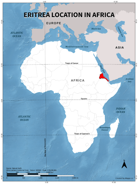 Eritrea location on world map, color version.