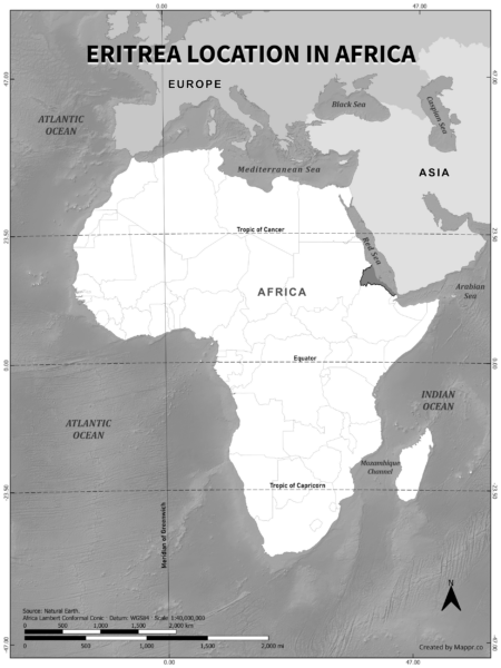 Eritrea location on world map, black and white version.