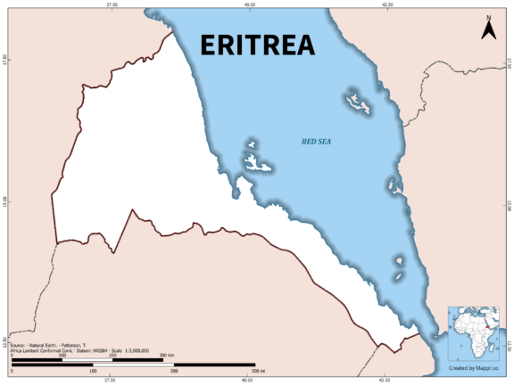 Outline map of Eritrea with country borders in color.
