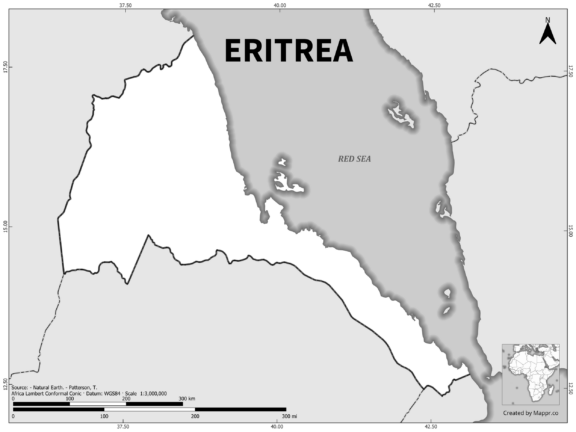 Black and white outline map of Eritrea, showing the country's borders.