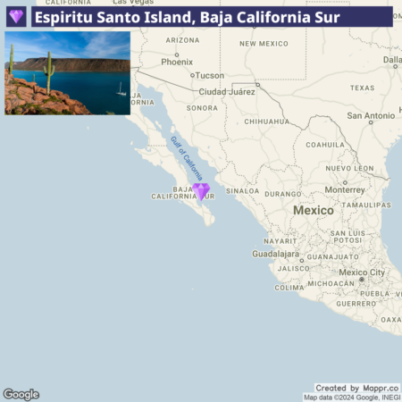 A screenshot of a digital map highlighting Espiritu Santo Island in Baja California Sur, Mexico, with an inset photo of the island showing a coastline with clear blue water, cacti, and rocky terrain.