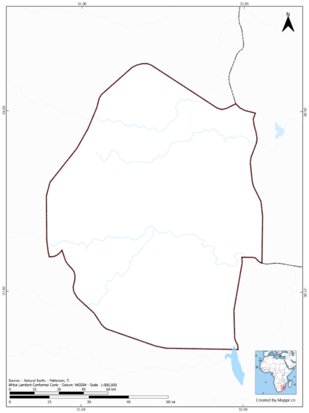 Blank map of Eswatini showing borders and no labels, in color.
