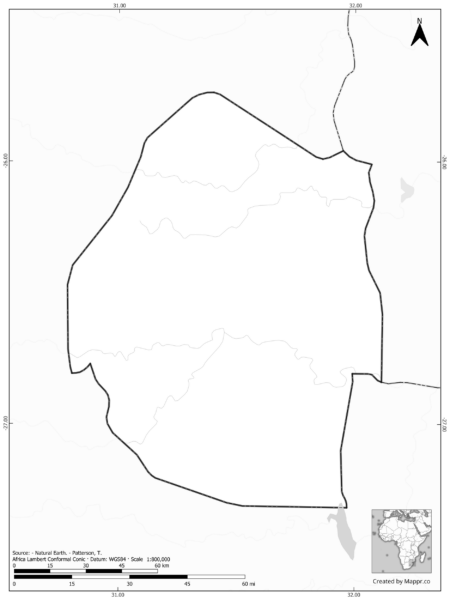Blank black and white map of Eswatini with borders and no labels.