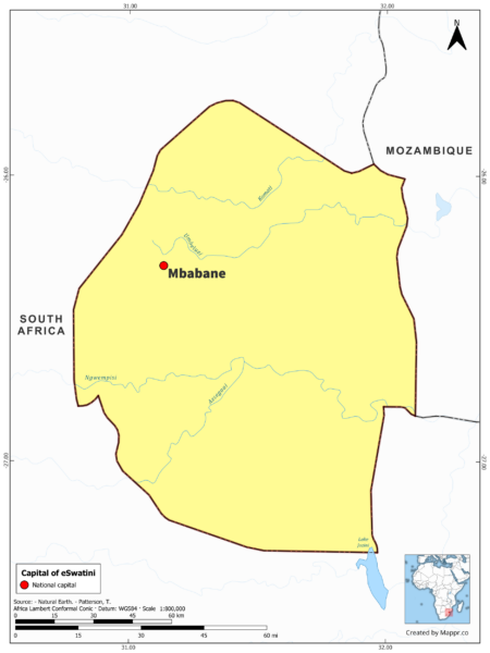 Map highlighting Mbabane, Lobamba, the capital of Eswatini, with country borders, in color.