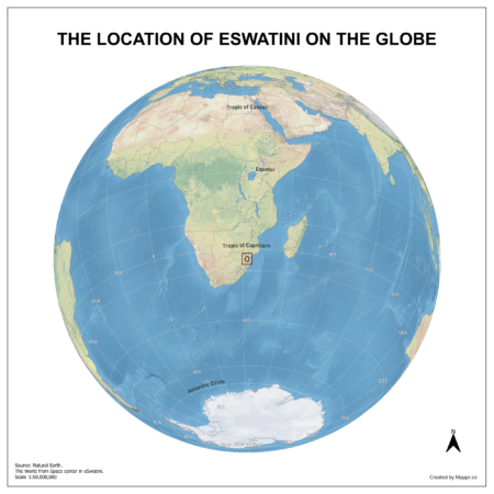 Map showing Eswatini's location on a globe, highlighted in red on the African continent.