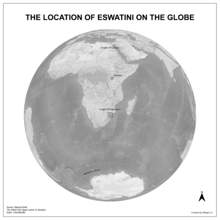 Map showing Eswatini's location on a globe, highlighted in red on the African continent.