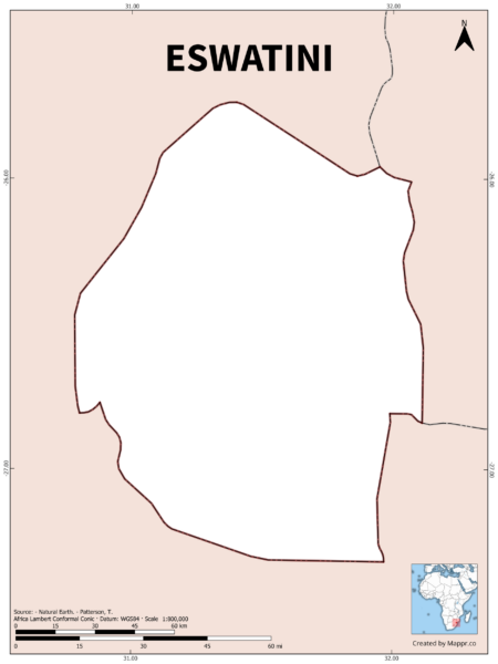 Outline map of Eswatini with country borders in color.