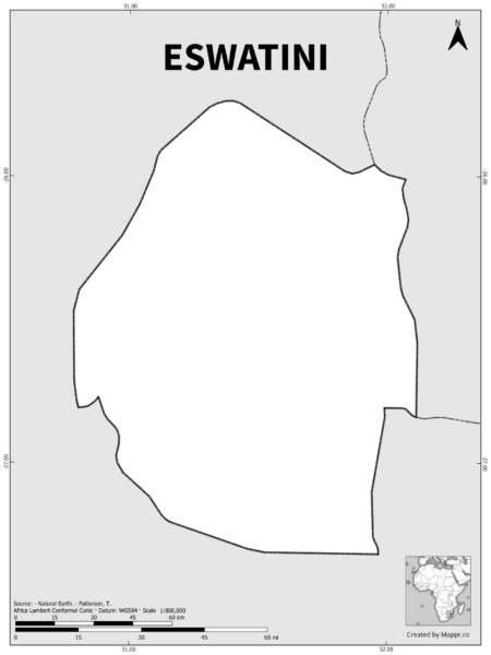 Black and white outline map of Eswatini, showing the country's borders.